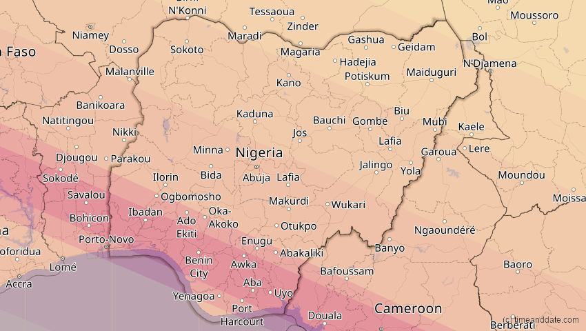 A map of Nigeria, showing the path of the 31. Mai 2049 Ringförmige Sonnenfinsternis