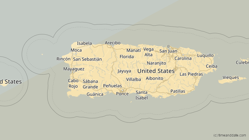 A map of Puerto Rico, showing the path of the 31. Mai 2049 Ringförmige Sonnenfinsternis