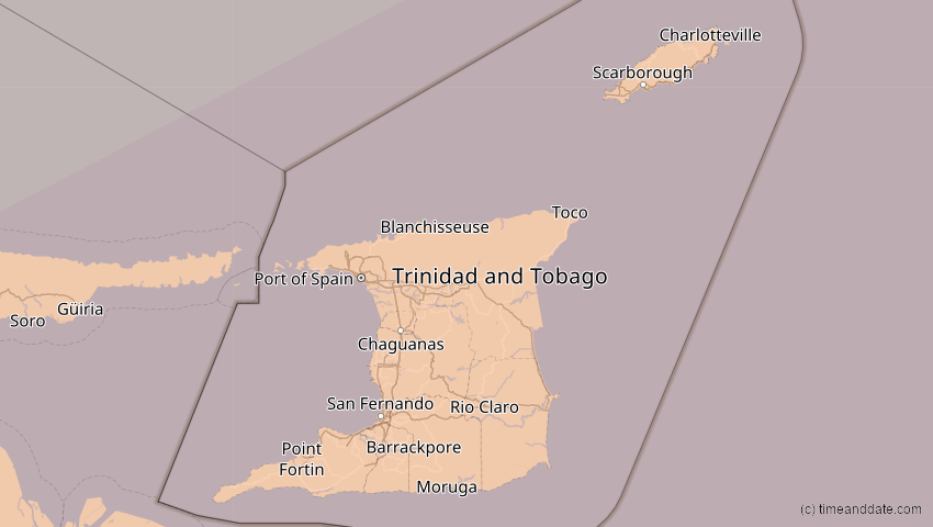 A map of Trinidad und Tobago, showing the path of the 31. Mai 2049 Ringförmige Sonnenfinsternis