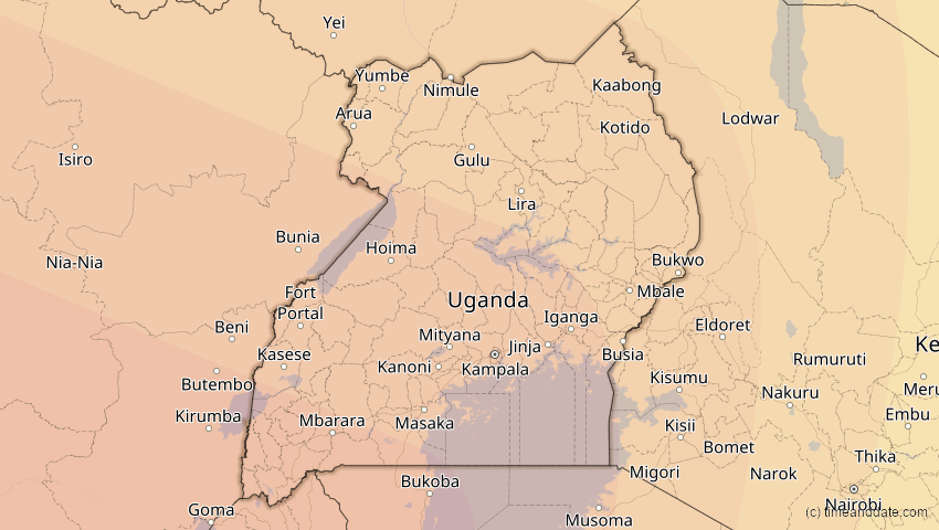 A map of Uganda, showing the path of the 31. Mai 2049 Ringförmige Sonnenfinsternis