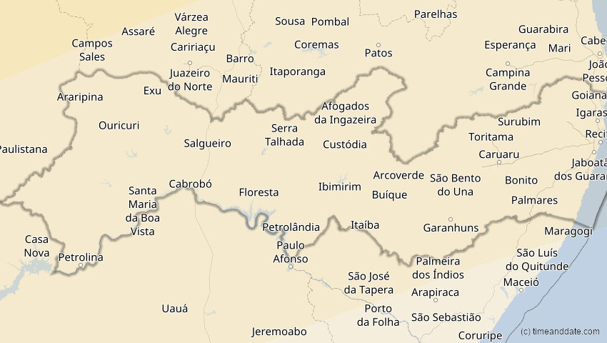 A map of Pernambuco, Brasilien, showing the path of the 31. Mai 2049 Ringförmige Sonnenfinsternis