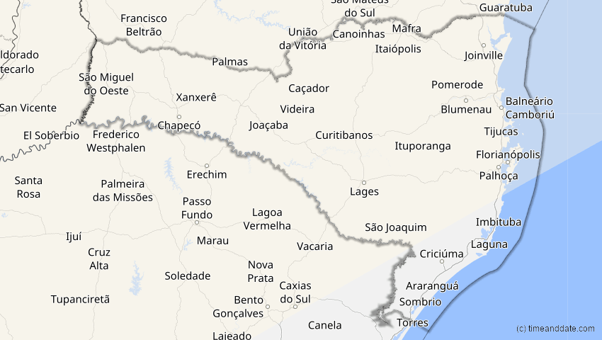 A map of Santa Catarina, Brasilien, showing the path of the 31. Mai 2049 Ringförmige Sonnenfinsternis