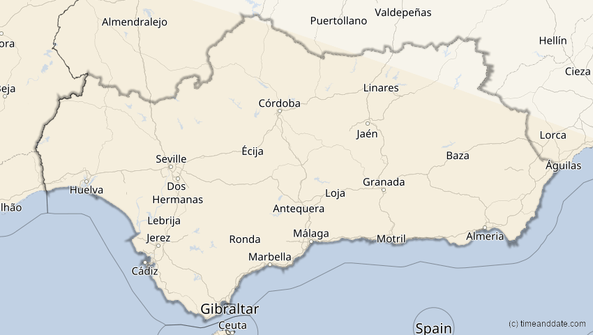 A map of Andalusien, Spanien, showing the path of the 31. Mai 2049 Ringförmige Sonnenfinsternis