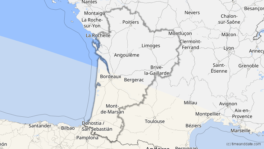 A map of Nouvelle-Aquitaine, Frankreich, showing the path of the 31. Mai 2049 Ringförmige Sonnenfinsternis
