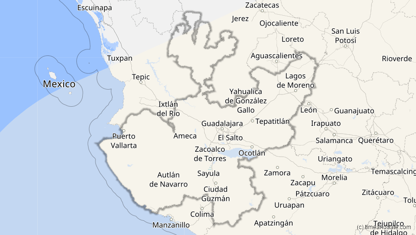 A map of Jalisco, Mexiko, showing the path of the 31. Mai 2049 Ringförmige Sonnenfinsternis