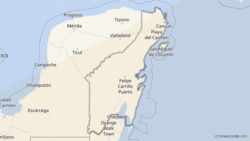 A map of Quintana Roo, Mexiko, showing the path of the 31. Mai 2049 Ringförmige Sonnenfinsternis
