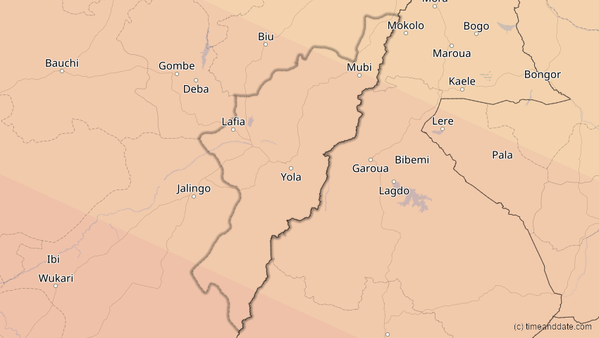 A map of Adamawa, Nigeria, showing the path of the 31. Mai 2049 Ringförmige Sonnenfinsternis