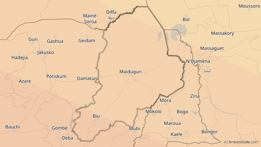 A map of Borno, Nigeria, showing the path of the 31. Mai 2049 Ringförmige Sonnenfinsternis