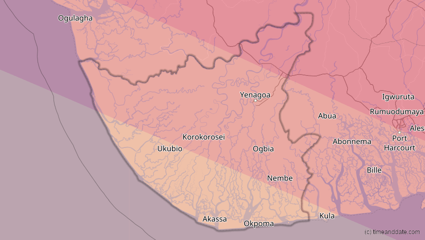 A map of Bayelsa, Nigeria, showing the path of the 31. Mai 2049 Ringförmige Sonnenfinsternis