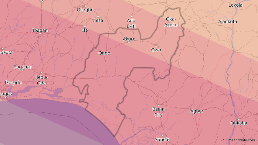 A map of Ondo, Nigeria, showing the path of the 31. Mai 2049 Ringförmige Sonnenfinsternis