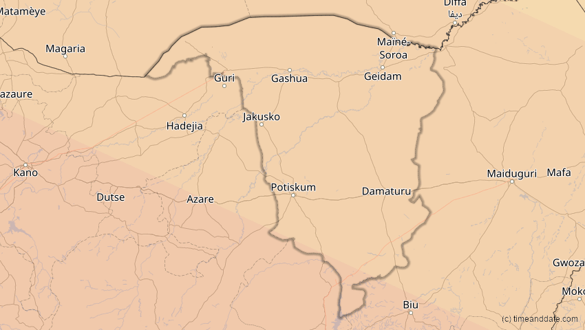 A map of Yobe, Nigeria, showing the path of the 31. Mai 2049 Ringförmige Sonnenfinsternis