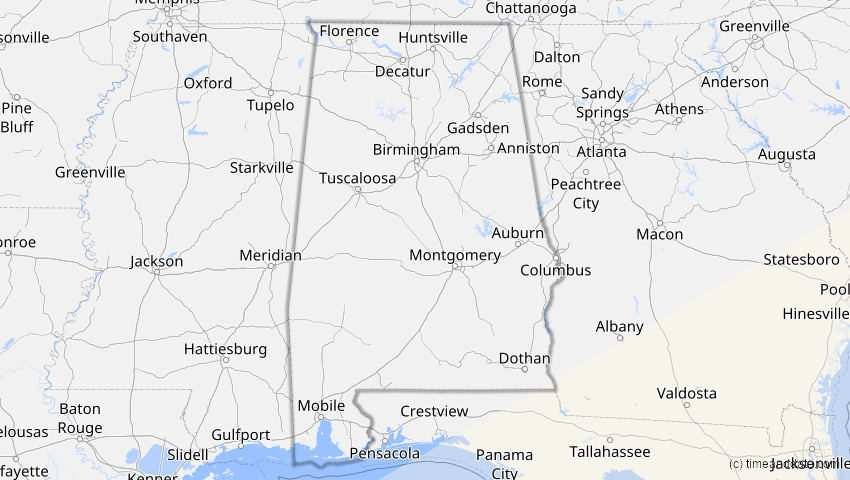 A map of Alabama, USA, showing the path of the 31. Mai 2049 Ringförmige Sonnenfinsternis