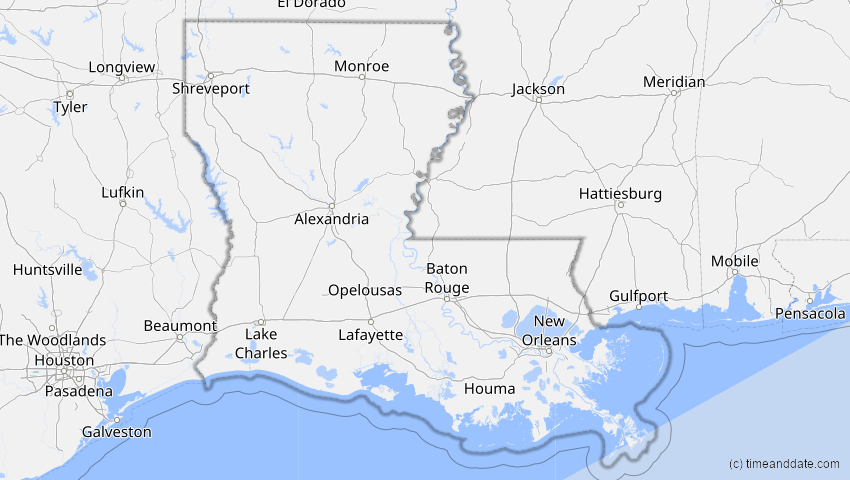 A map of Louisiana, USA, showing the path of the 31. Mai 2049 Ringförmige Sonnenfinsternis