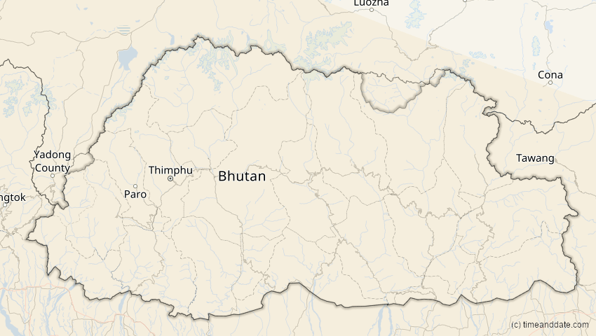 A map of Bhutan, showing the path of the 25. Nov 2049 Totale Sonnenfinsternis