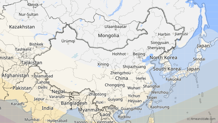 A map of China, showing the path of the 25. Nov 2049 Totale Sonnenfinsternis