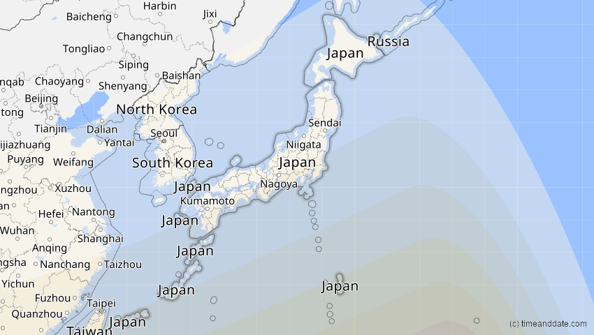 A map of Japan, showing the path of the 25. Nov 2049 Totale Sonnenfinsternis