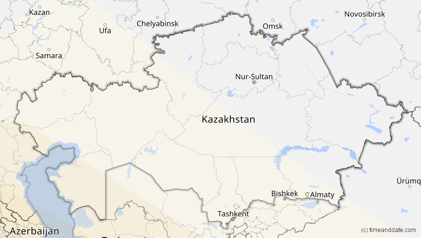 A map of Kasachstan, showing the path of the 25. Nov 2049 Totale Sonnenfinsternis