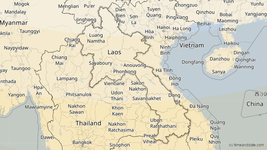A map of Laos, showing the path of the 25. Nov 2049 Totale Sonnenfinsternis