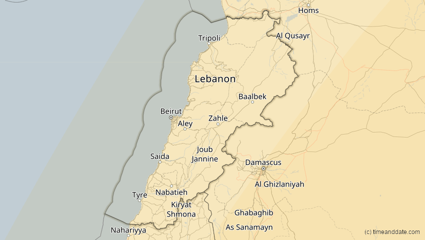 A map of Libanon, showing the path of the 25. Nov 2049 Totale Sonnenfinsternis