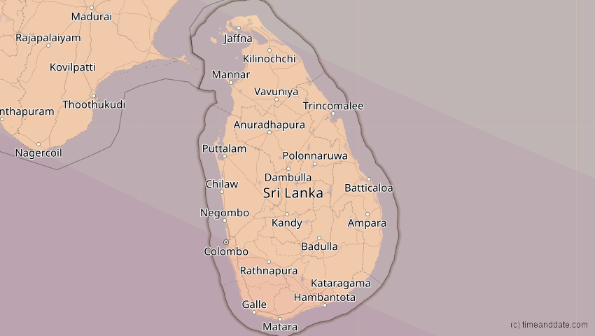 A map of Sri Lanka, showing the path of the 25. Nov 2049 Totale Sonnenfinsternis