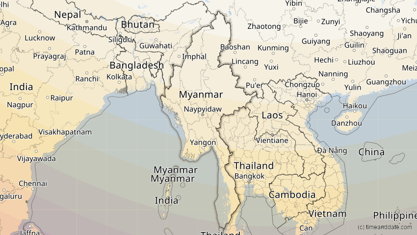 A map of Myanmar, showing the path of the 25. Nov 2049 Totale Sonnenfinsternis