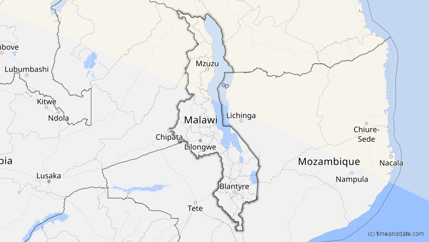 A map of Malawi, showing the path of the 25. Nov 2049 Totale Sonnenfinsternis