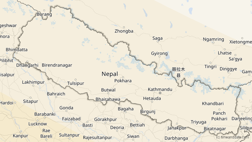 A map of Nepal, showing the path of the 25. Nov 2049 Totale Sonnenfinsternis