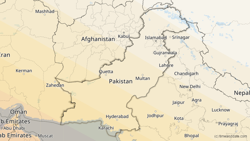 A map of Pakistan, showing the path of the 25. Nov 2049 Totale Sonnenfinsternis