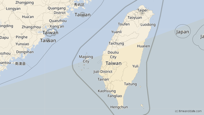 A map of Taiwan, showing the path of the 25. Nov 2049 Totale Sonnenfinsternis