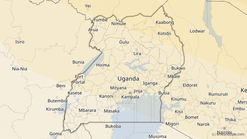 A map of Uganda, showing the path of the 25. Nov 2049 Totale Sonnenfinsternis