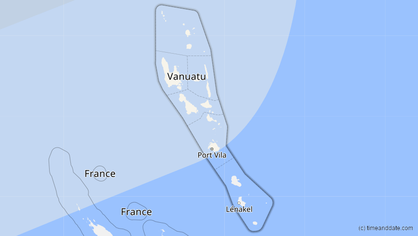 A map of Vanuatu, showing the path of the 25. Nov 2049 Totale Sonnenfinsternis