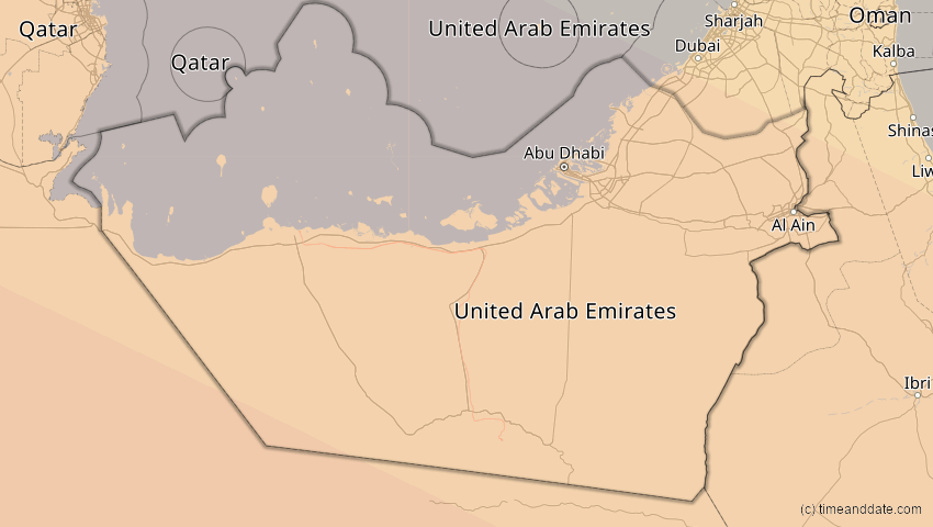 A map of Abu Dhabi, Vereinigte Arabische Emirate, showing the path of the 25. Nov 2049 Totale Sonnenfinsternis