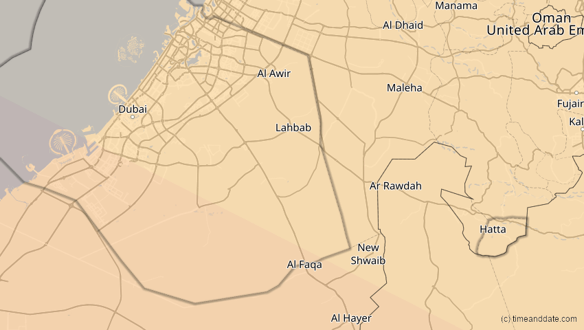 A map of Dubai, Vereinigte Arabische Emirate, showing the path of the 25. Nov 2049 Totale Sonnenfinsternis