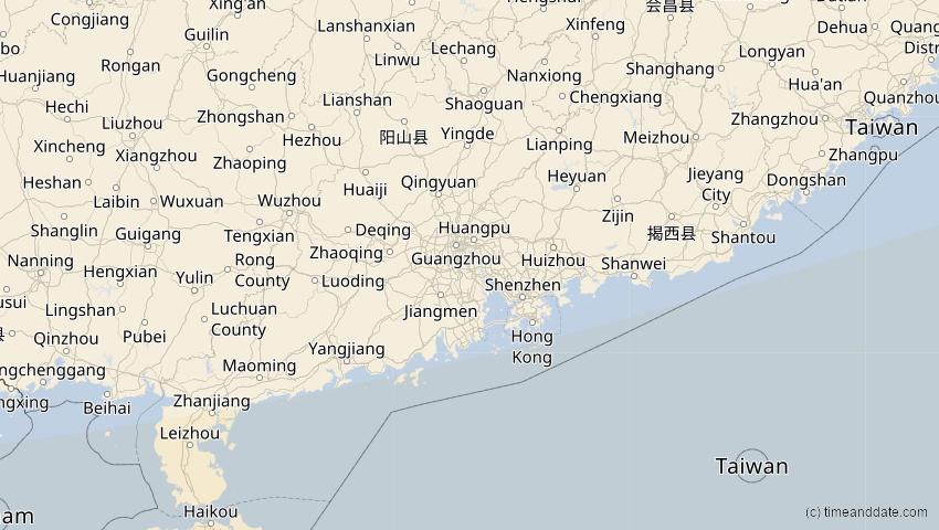 A map of Guangdong, China, showing the path of the 25. Nov 2049 Totale Sonnenfinsternis
