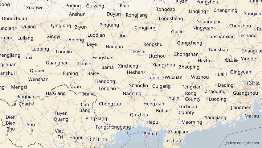 A map of Guangxi, China, showing the path of the 25. Nov 2049 Totale Sonnenfinsternis