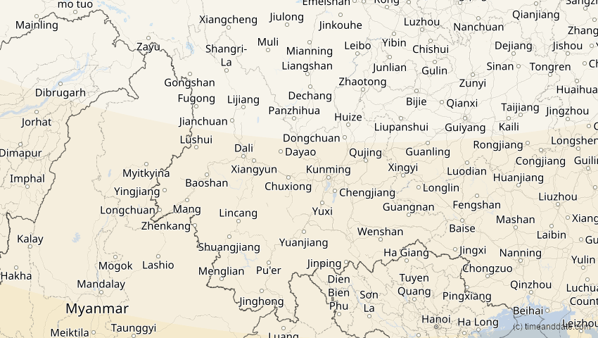 A map of Yunnan, China, showing the path of the 25. Nov 2049 Totale Sonnenfinsternis