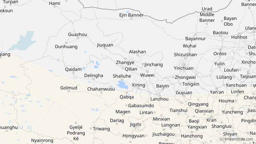 A map of Gansu, China, showing the path of the 25. Nov 2049 Totale Sonnenfinsternis