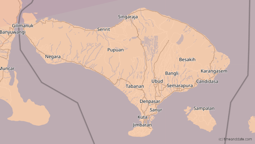 A map of Bali, Indonesien, showing the path of the 25. Nov 2049 Totale Sonnenfinsternis