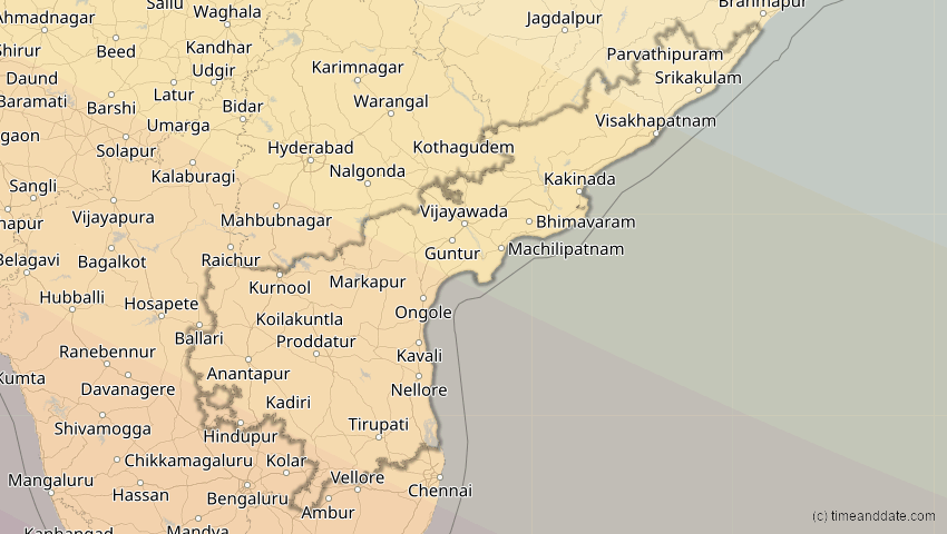 A map of Andhra Pradesh, Indien, showing the path of the 25. Nov 2049 Totale Sonnenfinsternis