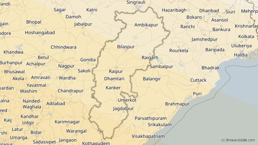 A map of Chhattisgarh, Indien, showing the path of the 25. Nov 2049 Totale Sonnenfinsternis