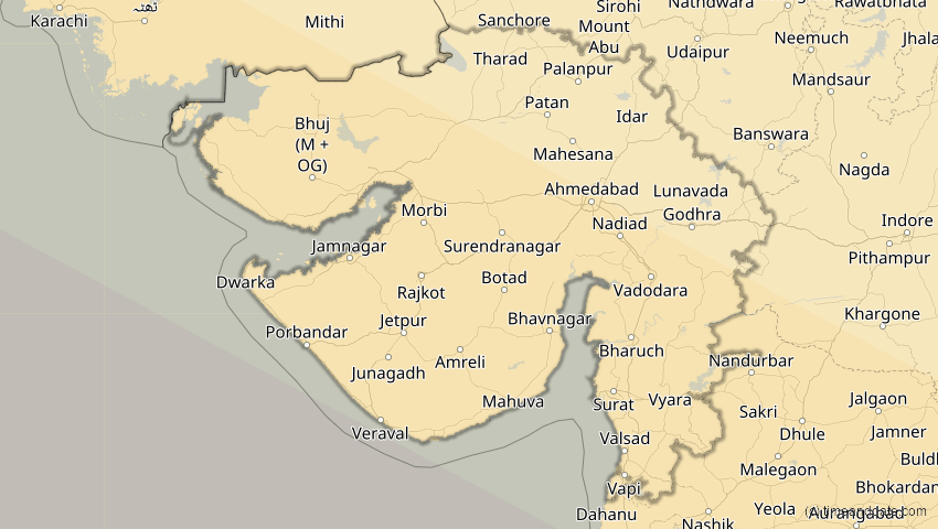 A map of Gujarat, Indien, showing the path of the 25. Nov 2049 Totale Sonnenfinsternis