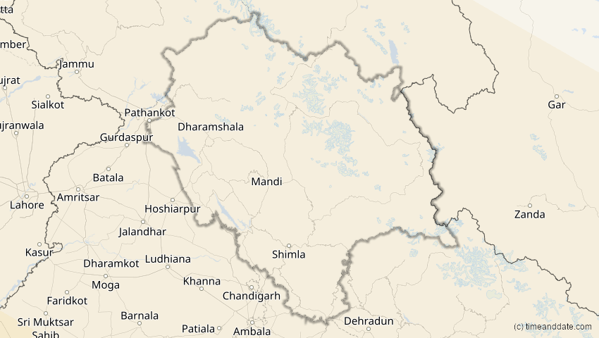 A map of Himachal Pradesh, Indien, showing the path of the 25. Nov 2049 Totale Sonnenfinsternis