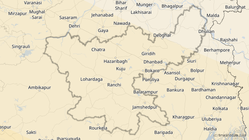 A map of Jharkhand, Indien, showing the path of the 25. Nov 2049 Totale Sonnenfinsternis