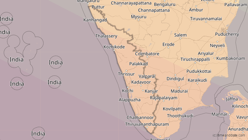 A map of Kerala, Indien, showing the path of the 25. Nov 2049 Totale Sonnenfinsternis