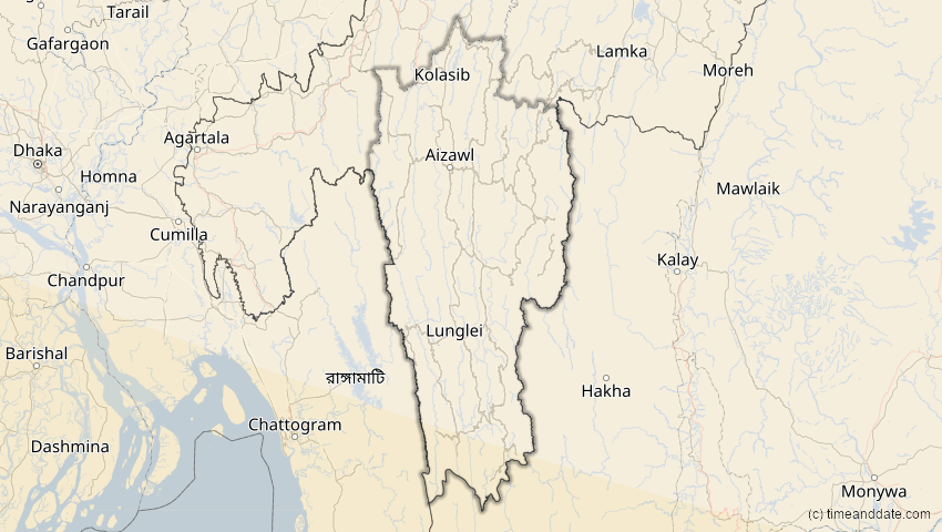 A map of Mizoram, Indien, showing the path of the 25. Nov 2049 Totale Sonnenfinsternis