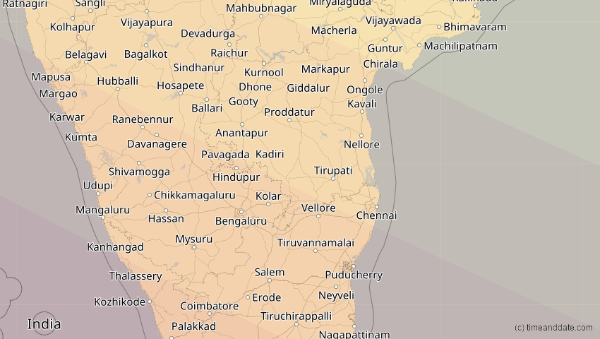 A map of Pondicherry, Indien, showing the path of the 25. Nov 2049 Totale Sonnenfinsternis