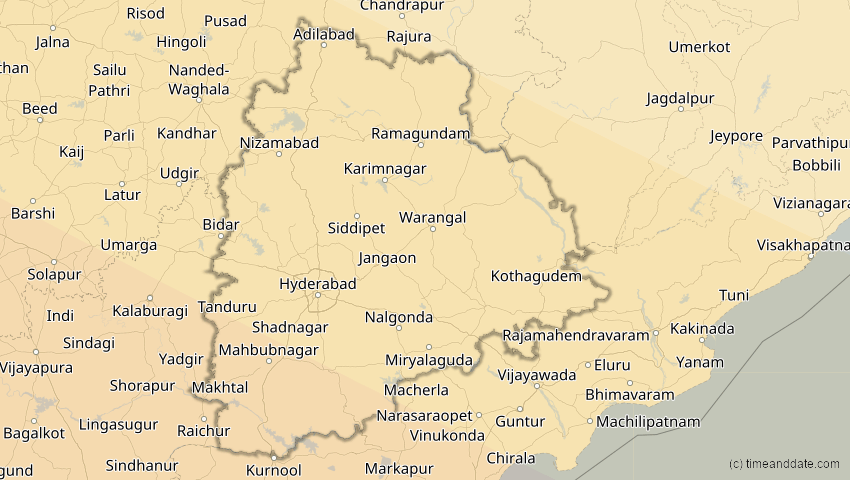 A map of Telangana, Indien, showing the path of the 25. Nov 2049 Totale Sonnenfinsternis