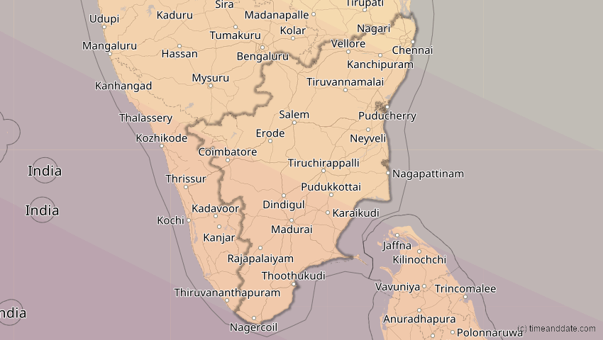 A map of Tamil Nadu, Indien, showing the path of the 25. Nov 2049 Totale Sonnenfinsternis