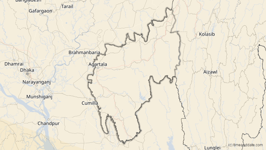 A map of Tripura, Indien, showing the path of the 25. Nov 2049 Totale Sonnenfinsternis