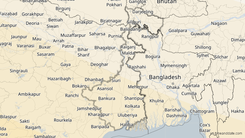 A map of Westbengalen, Indien, showing the path of the 25. Nov 2049 Totale Sonnenfinsternis